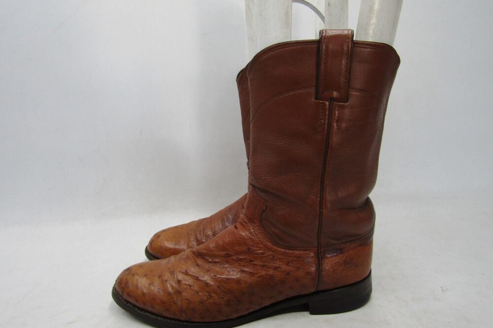 Justin Mens 7.5 D Brown Leather Ostrich Roper Cowboy Western Boots
